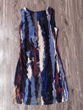 Nicole Miller Sleeveless Midi Dress in Blue, Cream & Burgundy Abstract Stripe